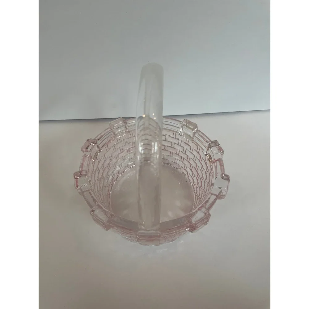 Vintage Pink Depression‎ Glass Basketweave Candy Dish Basket with Handle